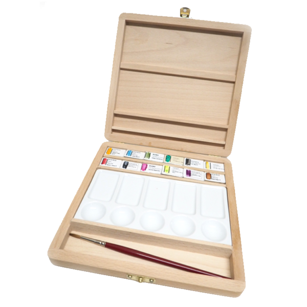 Watercolour 12 wholepan wooden Tray inc ceramic palette