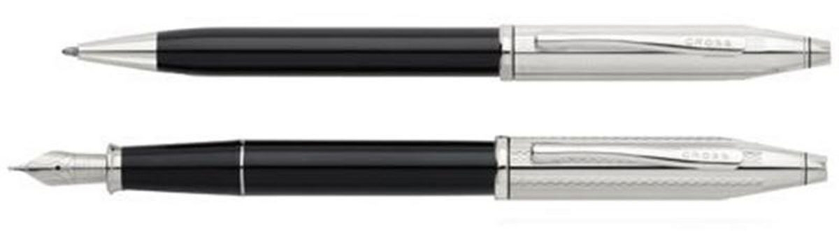 Cross Century II Black Lacquer & Chrome Fountain Pen & Ballpoint Pen Set In Box 