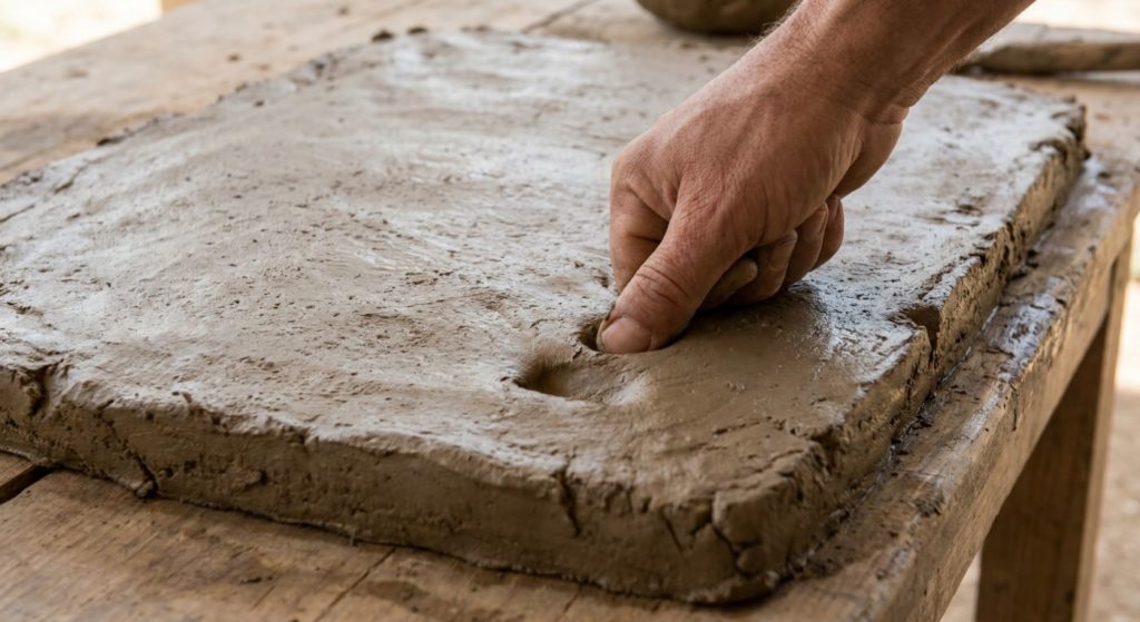 writing with finger on a clay tablet in ancient times before pens were invented
